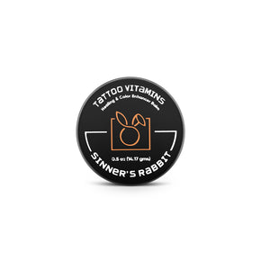 Container of Tattoo Vitamins, Protecting & Healing Balm in half Oz from front side by Sinner's Rabbit