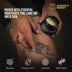 Tattoo Vitamins, Protecting & Healing Balm in 1oz with text highlighting it's Ingredients